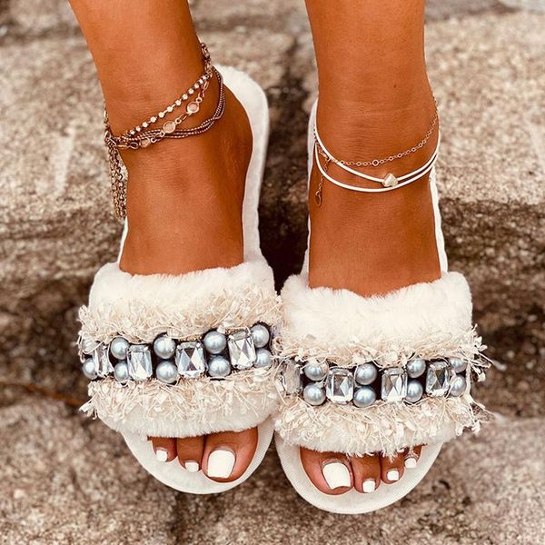 

women crystal plush slippers woman pearl warm flats female outdoor flats ladies fashion shoes women's home comfortable footwear, Black