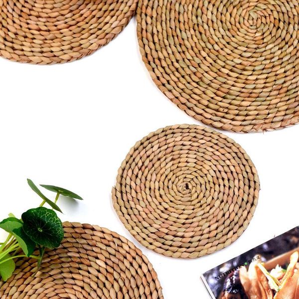 

table runner placemats 2pcs/set straw circular tableware heat insulation mat