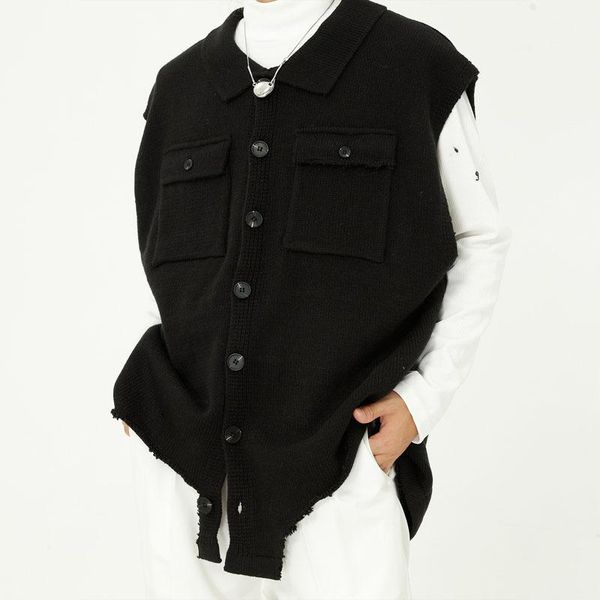 

men's vests male oversize vintage fashion streetwear hip hop sweaters jacket men broken hem sleeveless knitted vest sweater coat, Black;white