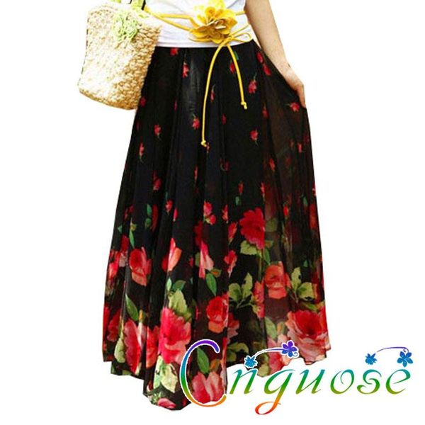 

skirts 2021 summer bohemian fashion elegantes female plus size 6xl black chiffon floral big flower woman ladies long maxi womens