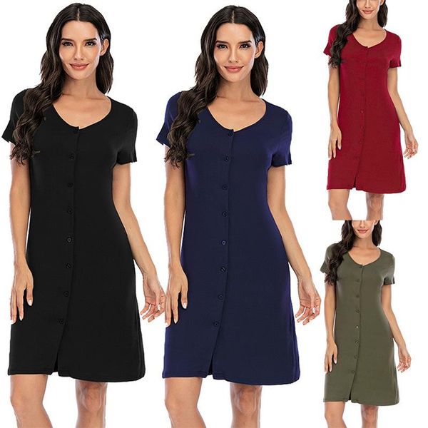 

women's sleepwear witbuy loose short sleeve women nightdress solid o-neck with button summer 2021 female nightgown soft maxi home dress, Black;red