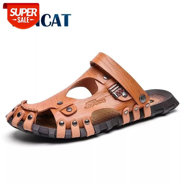 

new summer men sandals breathable leather men beach flip flop brand casual shoes comfortable slip-on men's shoes size 38-47 #cg8r, Black