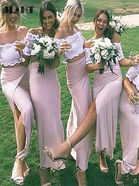 

bridesmaid dress two pieces gown lace wedding party dresses off shoulder half sleeves chiffon for, White;pink