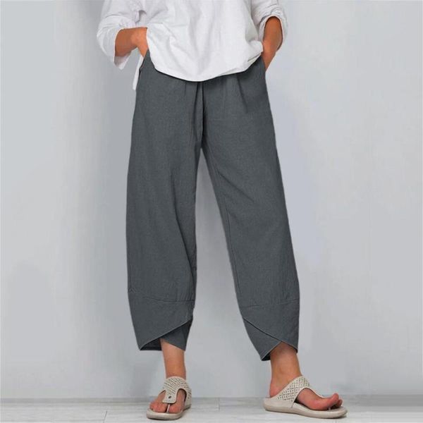 

women's pants & capris women loose baggy solid crop cotton linen tulip hem trousers athleisure elastic waist wide leg pantalon, Black;white