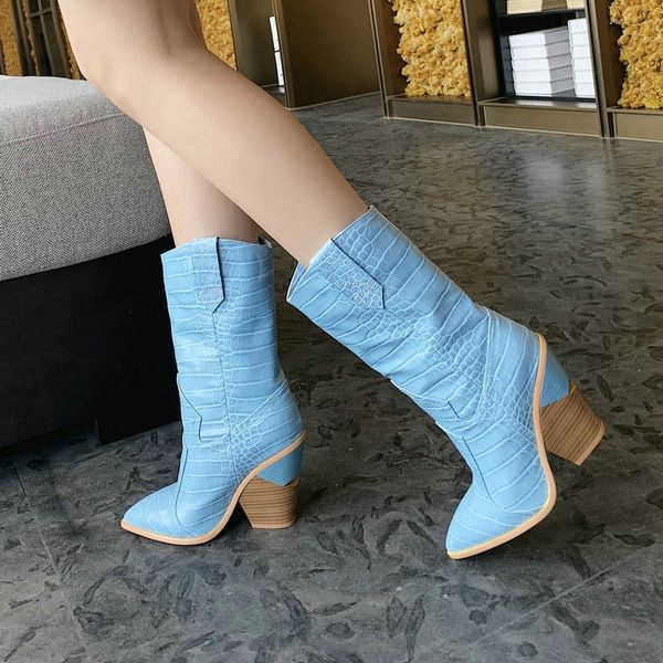 

women western boots fashion stitching wedge heel pointed women ankle boots slip on short autumn winter shoes blue 92bu#, Black
