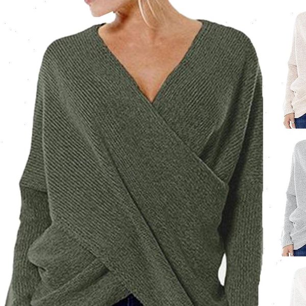 

women autumn knitted sweater vintage cross criss pullovers casual v neck loose jumpers solid irregular hem sweater, White;black