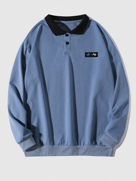 

men patch detail contrast polo neck sweatshirt v2y4#, Black