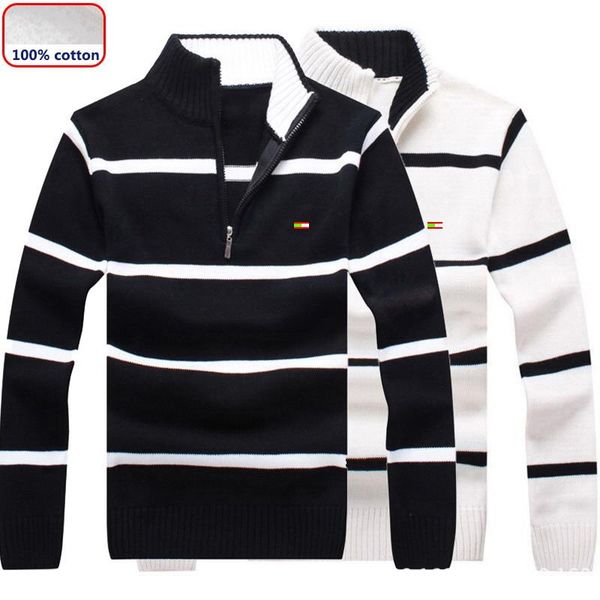 

autumn winter new embroidered logo men's striped sweaters pullovers male thick sweaters stand collar slim fit knitted 3xl, White;black