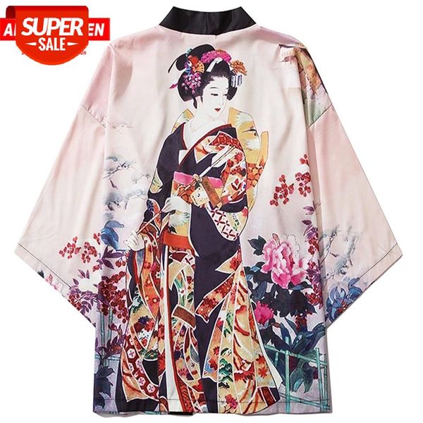 

Aelfric Eden 2020 Summer Japanese Kimono Jackets Hip Hop Ancient Geisha Print Streetwear Front Open Coat Harajuku Loose Kimono #gV9u, Black;brown