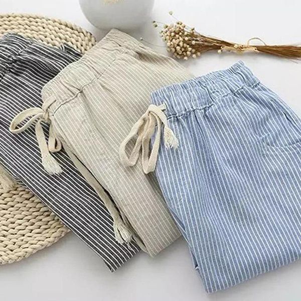 

women's pants & capris linen women trousers loose casual striped harem female summer autumn brand, Black;white