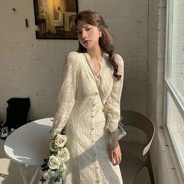 

casual dresses women v-neck korean dress autumn one-piece evening lady party fairy 2021 elegant lace long sleeve midi winter white, Black;gray