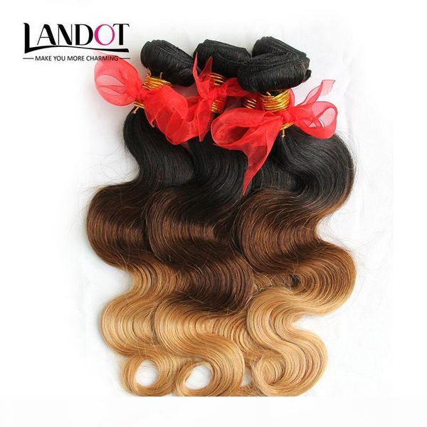 

3pcs lot 8-30inch three toned ombre russian human hair extensions body wave wavy 1b-4-27 black brown blonde ombre virgin hair weave bundles