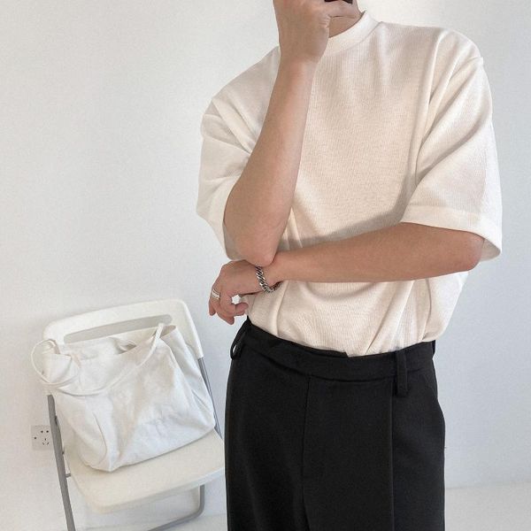 

men's t-shirts summer stand-up collar bottoming shirt cotton short-sleeved t-shirt tide ins loose wild round neck five-point sleeves, White;black