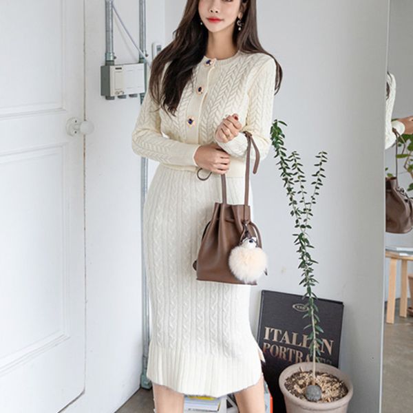

2021 new autumn winter twisted knitted 2 women crop sweater cardigan + bodycon skirt suits korean casual two piece set 1uxk, Black;gray