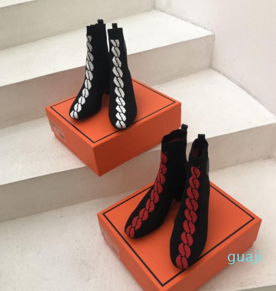 

autumn winter product launches knit and ankle boot chunky heels women boots, Black