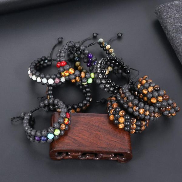 

charm bracelets balance natural stone bangle 8mm bead tiger eye double layer row multi 7 chakra bracelet lava rock, Golden;silver