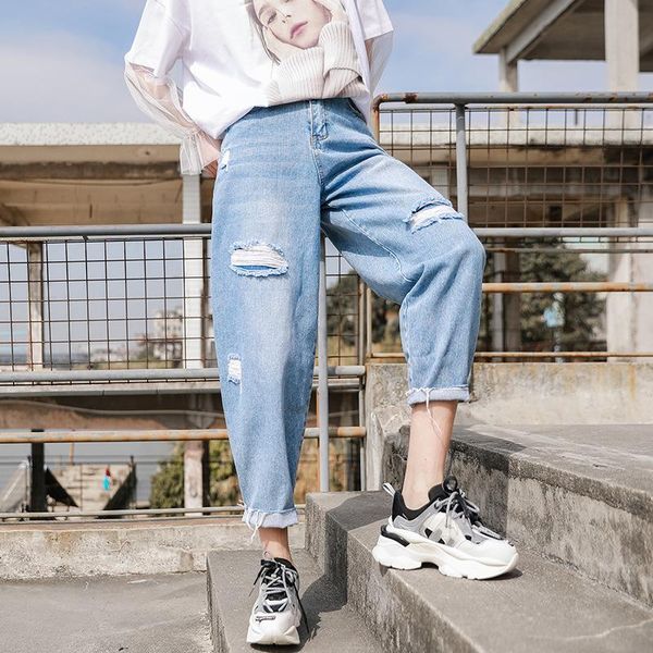 

women's jeans daddy pants women 2021 spring models wear high waist loose wide legs curled feet were thin casual harlan, Blue