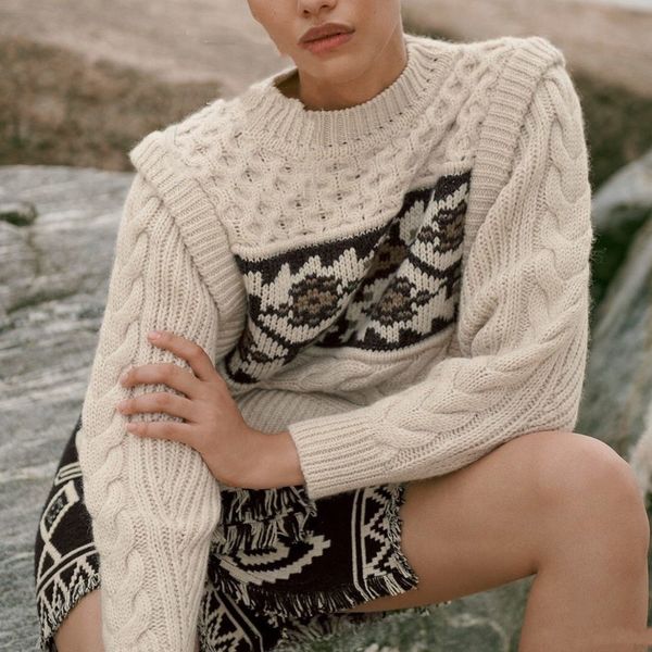 

2021 fall/winter new style retro coarse cable flower gentle loose pullover knitted women's sweater a89g, White;black