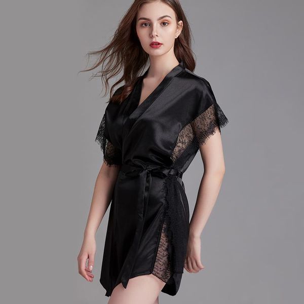 

women's sleepwear elegant silk robes women sleeveless lace trim nightgown thin lace-up homewear pajamas v-neck wedding bride bridesmaid, Black;red