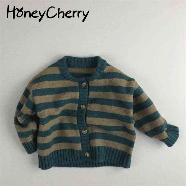 

autumn and winter toddler sweater children's pullover single-breasted blue round neck striped cotton cardigan 210701
