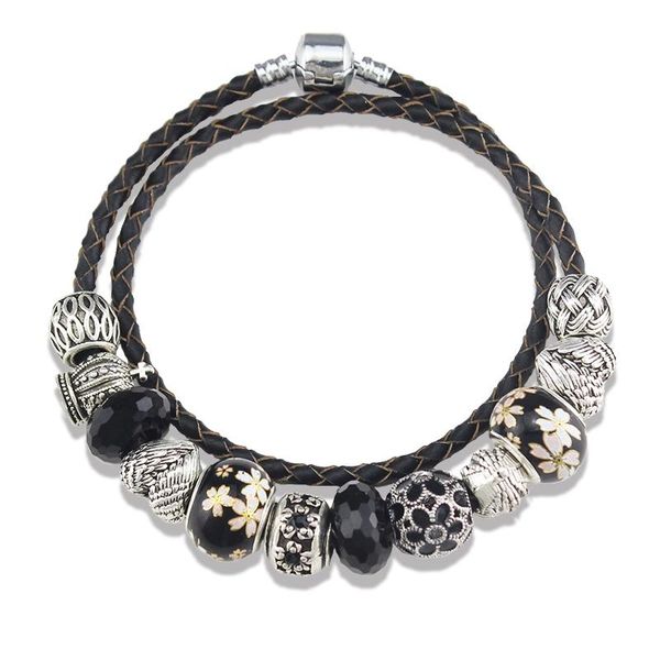 

charm bracelets annapaer a variety of design leather bracelet crown beads fit taki & bangle with black diy jewelry b15397, Golden;silver