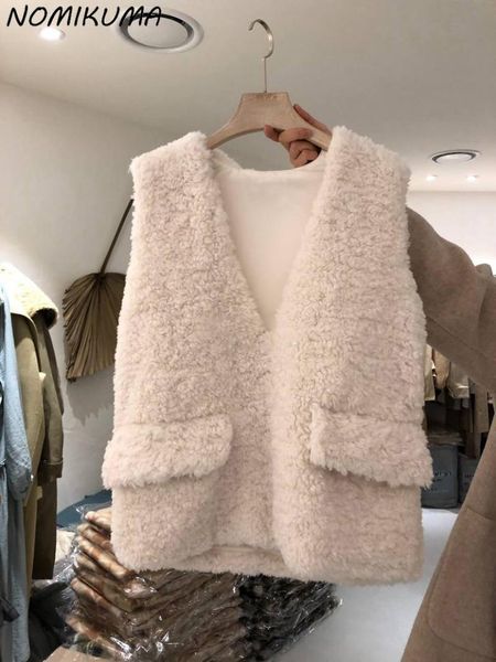 

women's vests nomikuma 2021 autumn fashion v-neck lamb wool vest jacket causal sleeveless pullover women korean coat 6v038, Black;white