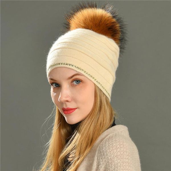 

beanie/skull caps autumn winter knitted beanie hat with real raccoon fur pom rhinestone hemming warm female bonnet, Blue;gray