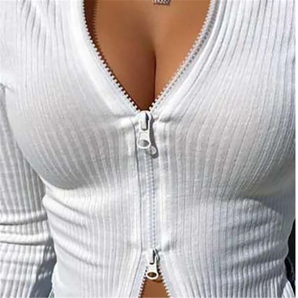 

women t-shirt spring autumn clothes ribbed knitted long sleeve crop zipper design tee female slim black white, Black;green