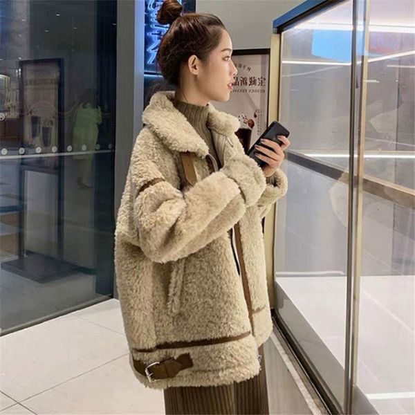 

women's fur & faux lamb wool coat winter clothes 2021 korean loose forest cashmere cotton thickened, Black