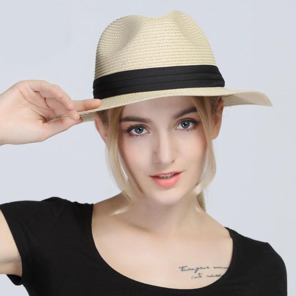 

stingy brim hats 2021 summer straw floppy wide women panama sun hat elegant lady chapeu feminino fedora cap queen sunbonnet beach sunhat, Blue;gray