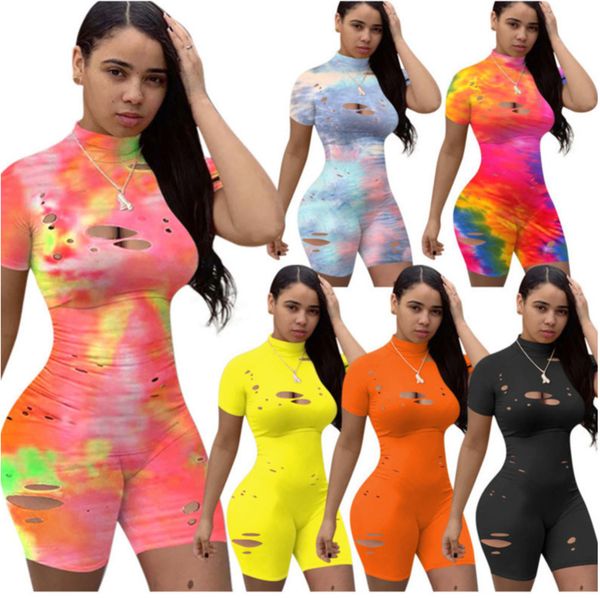 

summer women jumpsuit designer tie dye hole short sleeved rompers club pajama onesies shorts tight bodysuit pants a125, Black;white