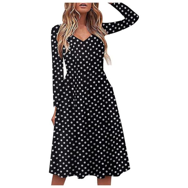 

casual dresses boho polka dot printed swing party dress women vintage print long sleeve v-neck pleated elegant for 2021, Black;gray