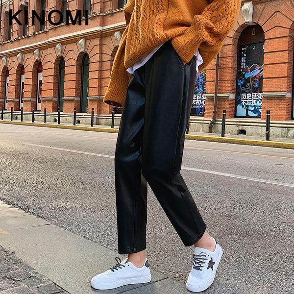 

women's pants & capris kinomi autumn winter black pu leather harem high waist casual loose chic female trousers pocket ladies 2021, Black;white