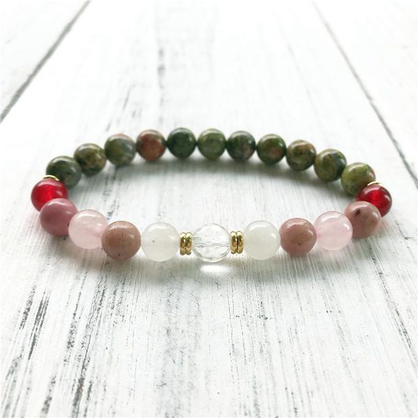 

charm bracelets natural unakite & rhodonite bracelet wrist mala beads spirituality protection feminine energy women's yoga round, Golden;silver