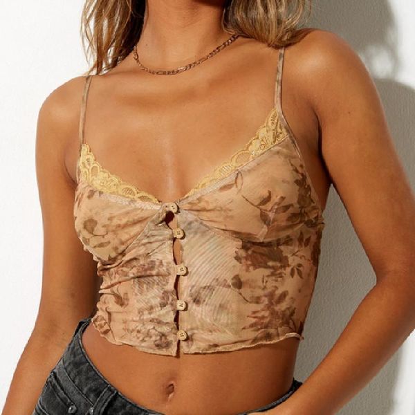 

women's tanks & camis summer floral printed camisole lace splicing trim single-breasted v-neck sleeveless wild exposed navel suspender, White