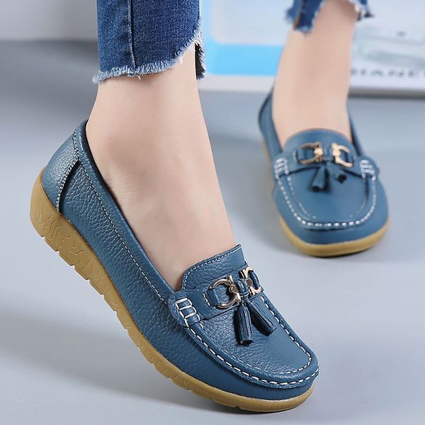 

womens flat shoes leather loafers plus size 42-44 fashion breathable boat shoes for girl 15 colors fringe round toe, Black