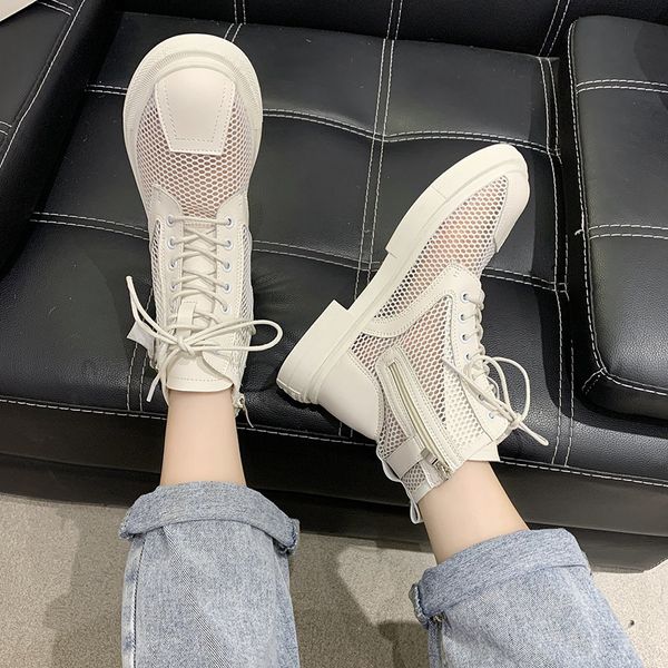 

rimocy hollow out mesh summer ankle boots for women breathable zipper lace up casual shoes woman low heels short booties white, Black