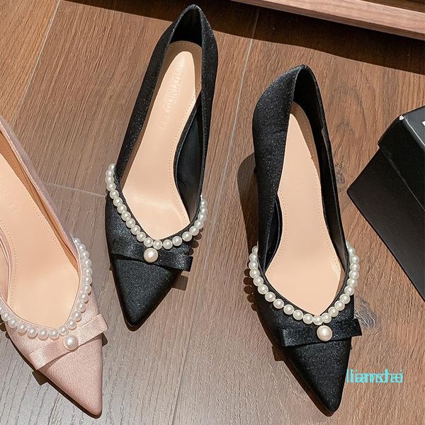 

fashion-dress shoes pointed pearl bow stiletto heel wedding women's high heels korean slip-on commuter's pumps, Black