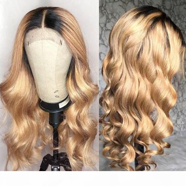 

honey blonde ombre human hair lace front wig for black women 4x4 closure body wave peruvian remy glueless wigs colored 1b 27 wavy lace wig, Black;brown