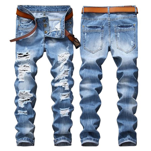 

new european fashion blue light breech breech-fit small straight male denim trendy pants mxku