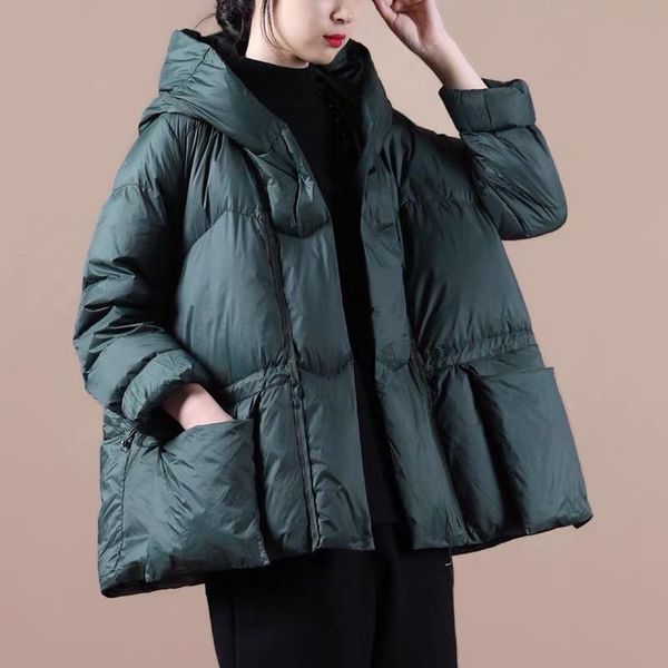 

women's down & parkas loose pocket drawstring short duck jacket casual winter womens zipper hooded solid outerwear, Black