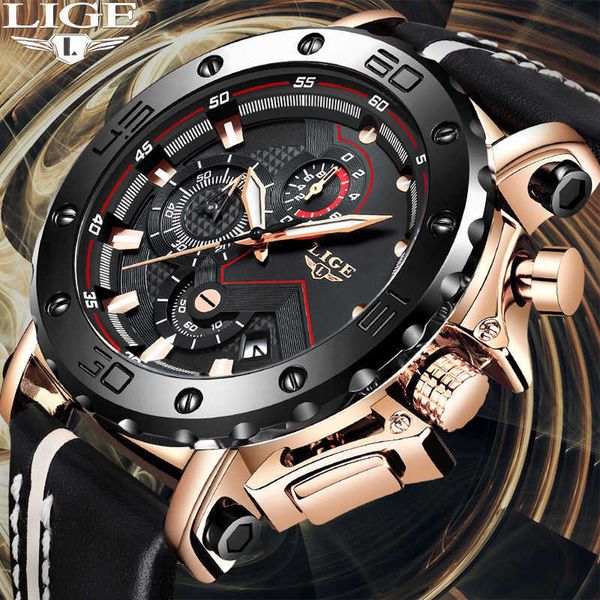

lige chronograph mens watches brand fashion luxury quartz watch men military waterproof clock male sport wristwatch 210527, Slivery;brown