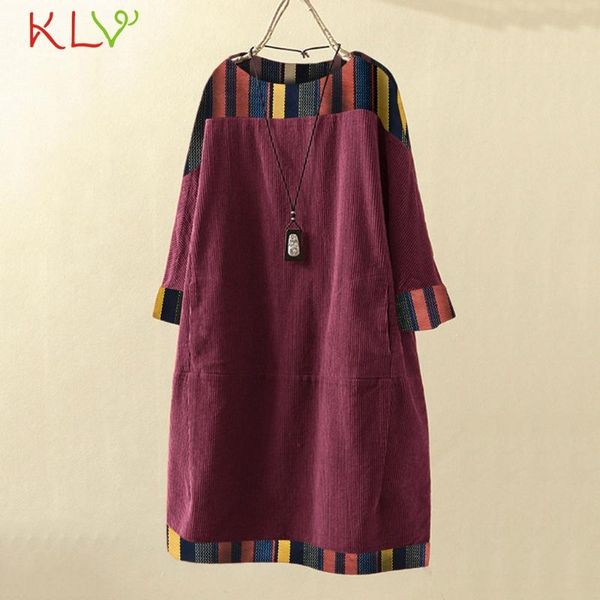 

casual dresses corduroy dress women vintage print pocket long sleeve red party winter female clothes vestidos autumn 19nov, Black;gray