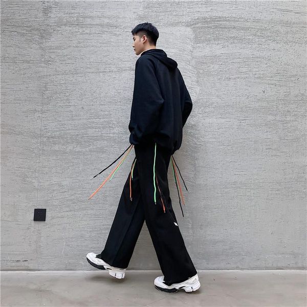 

men's pants spring casual for men fashion ribbons trousers man elastic waist male streetwear straight hip hop pant clothing, Black