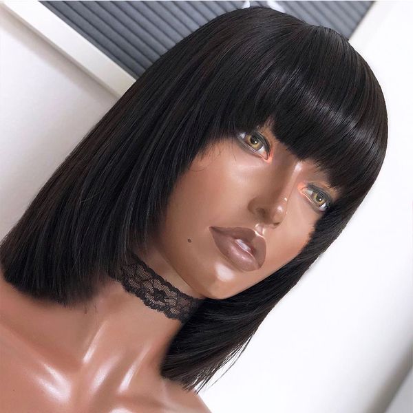 

9a 13x4 pre plucked bob lace front human hair wigs with full bangs for black women silky straight brazilian virgin wig baby hair bleached kn, Black;brown