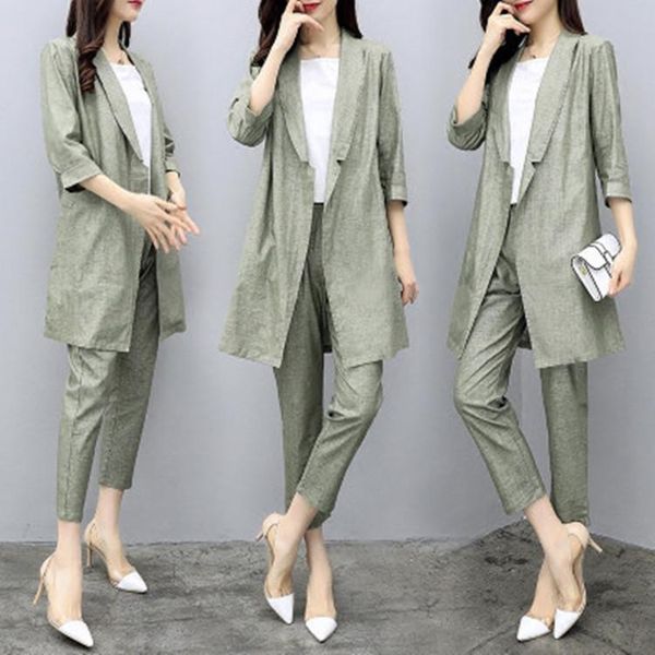

women's tracksuits spring 3 piece set women cotton linen conjunto feminino office work summer suit leisure year-old female costume ukra, Gray
