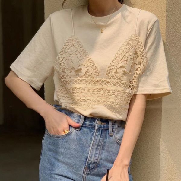 

shoulder lac out slices fashion neck short sleeve mrs. korean t-shirts fake two female z6bu, White