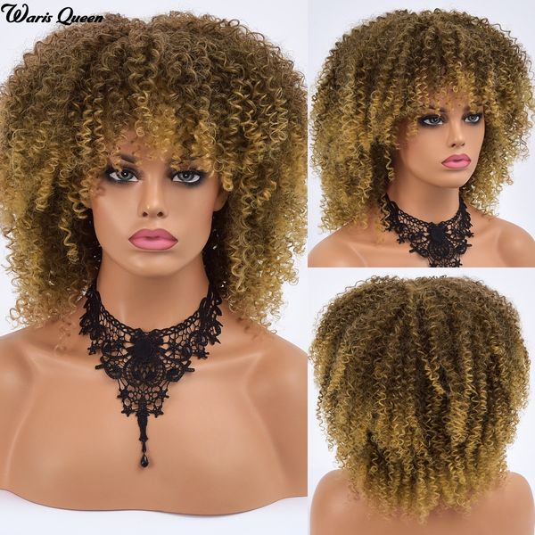 

womens dark brown omber yellow afro kinky curly wigs for black women with bangs synthetic cosplay heat resistant wigÂ Â