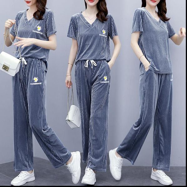 

2021 summer gold velour tracksuit short sleeve tracksuit women daisy sports leisure 2 piece suit o neck crop long pants set, Gray