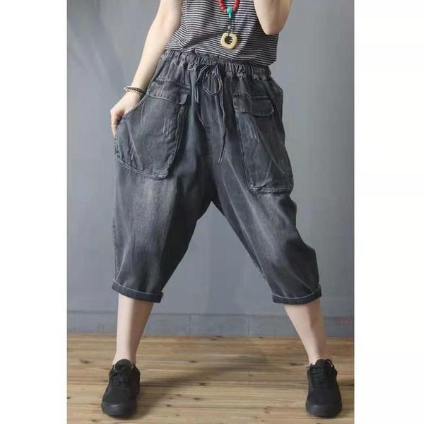 

women's jeans arrival summer women loose casual elastic waist harem pants all-matched big pocket cotton denim calf-length w116, Blue